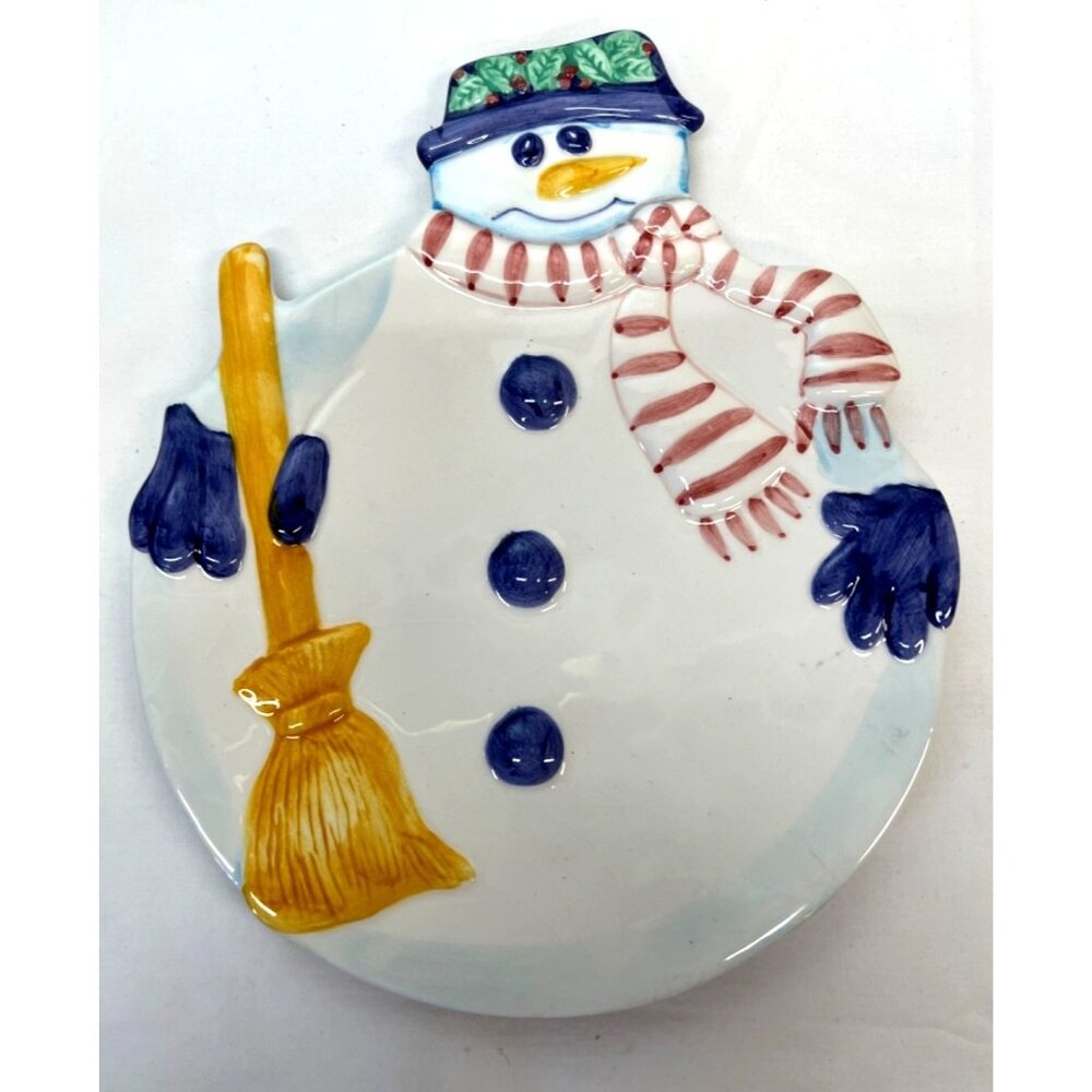 Snowman-Themed Ceramic Decorative Plate With Broom & Scarf